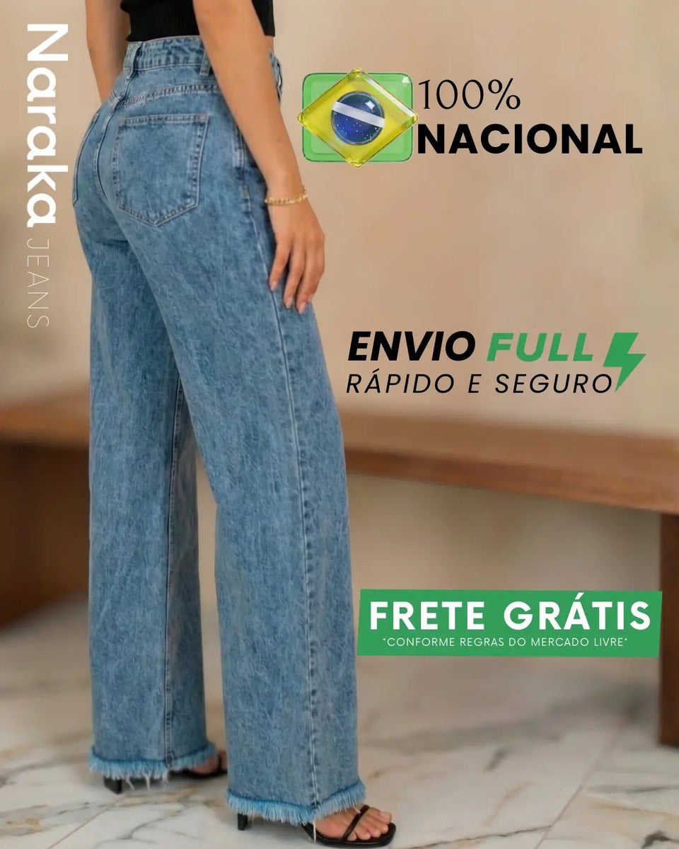 Calça Wide Leg Jeans Feminina Cintura Alta Levanta Bumbum