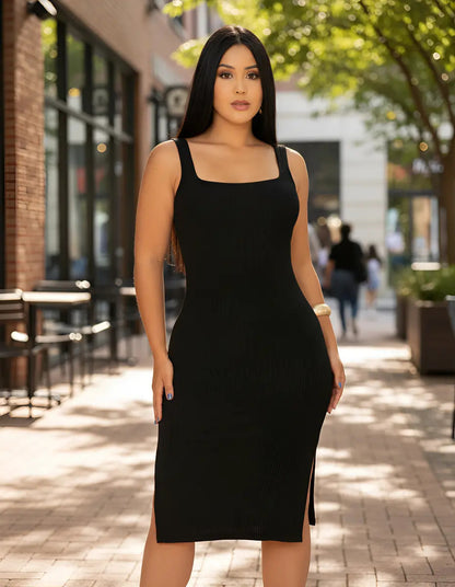 Vestido Midi Canelado Premium Com Alça E Fendas Casual Básico