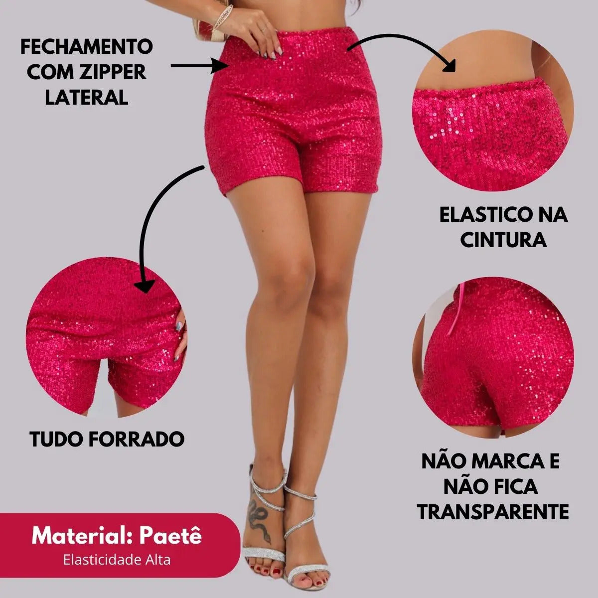 Short Bermuda Feminino Cintura Alta Paetê Balada Moda Brilho