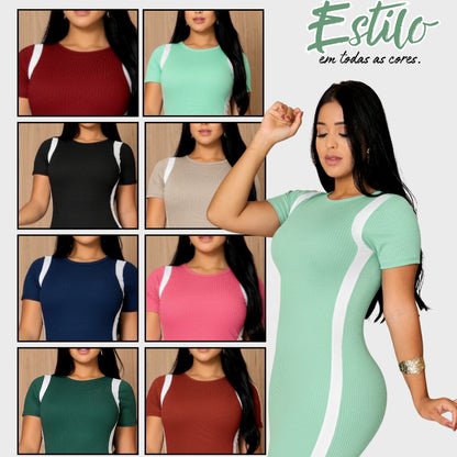 Vestido Canelado Curto Com Manga Casual Básico Modelador