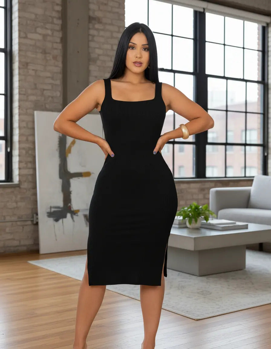 Vestido Midi Canelado Premium Com Alça E Fendas Casual Básico