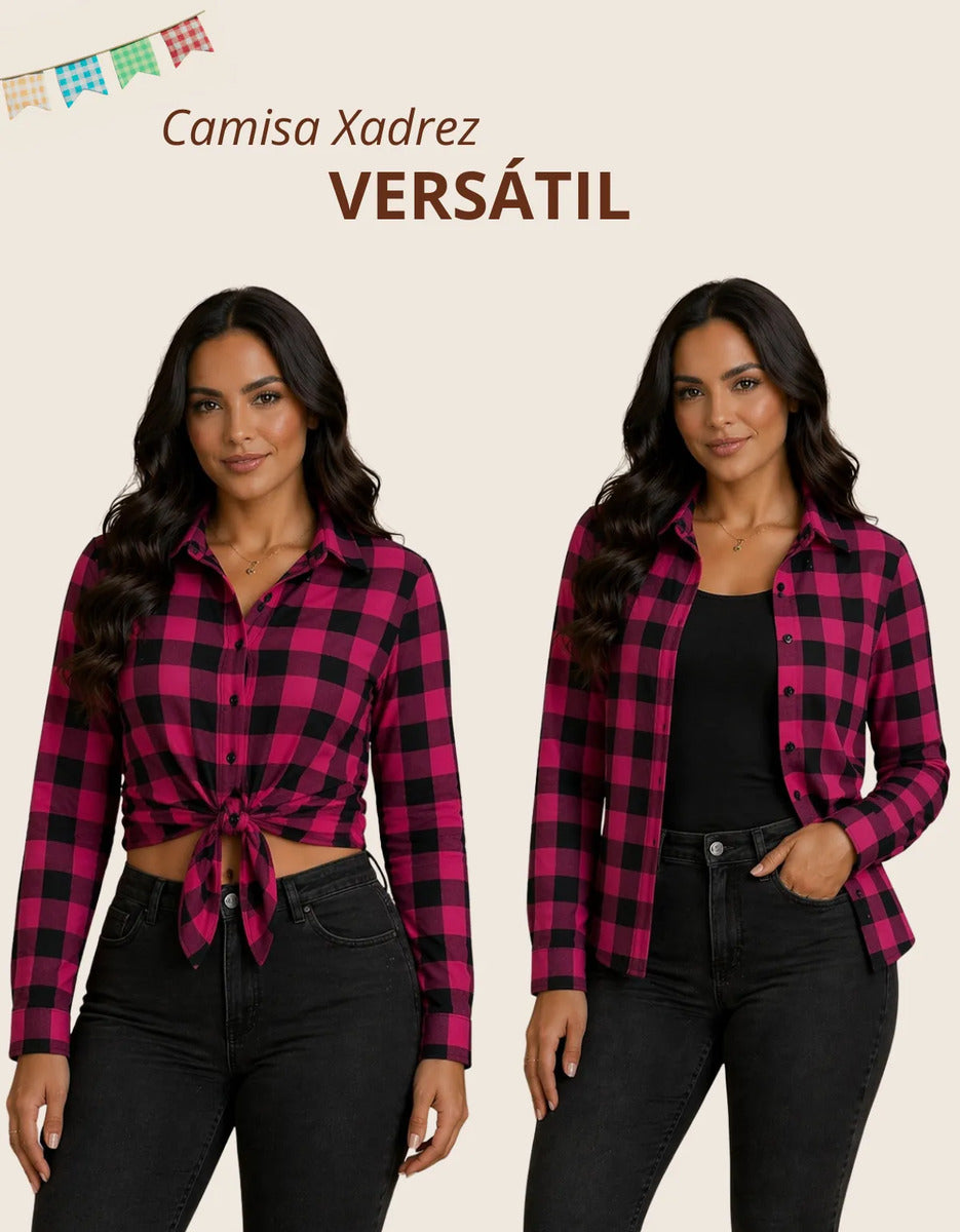 Camisa Xadrez Longa Blusa Manga Festa Junina Social De Botão