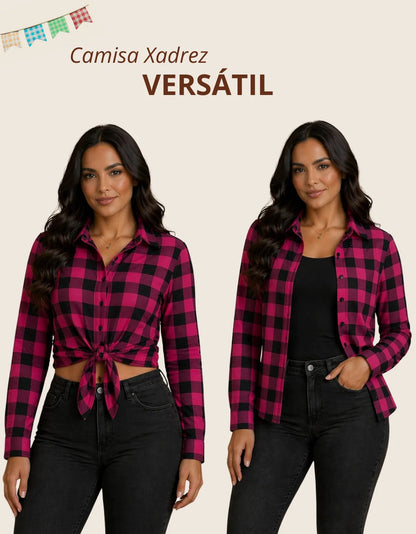 Camisa Xadrez Longa Blusa Manga Festa Junina Social De Botão