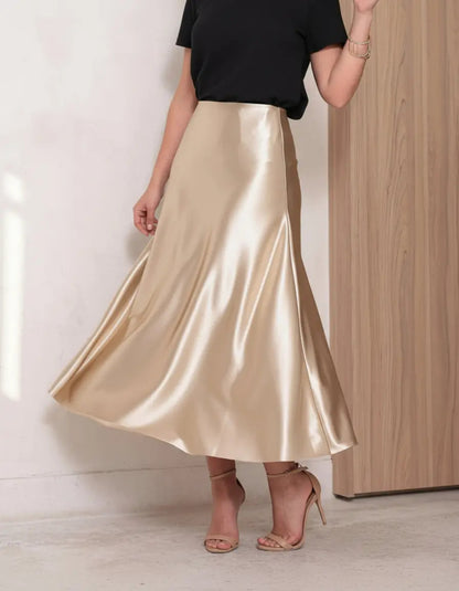 Saia Cetim Feminina Midi Brilho Moda Elegante Full