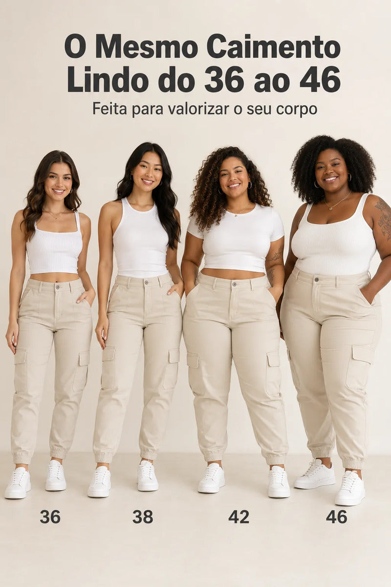 Calça Cargo Jogger Jeans Feminina Cintura Alta Com Lycra