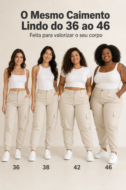 Calça Cargo Jogger Jeans Feminina Cintura Alta Com Lycra