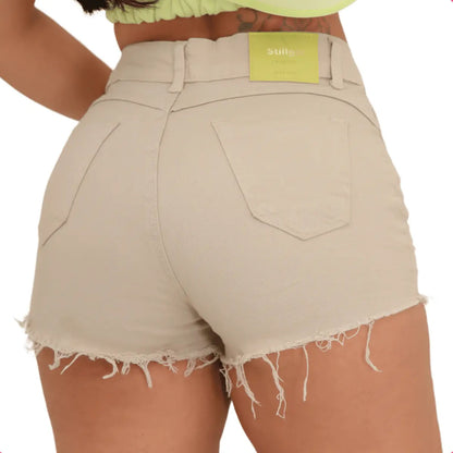 Short Jeans Feminino Cintura Alta Com Lycra Barra Desfiada