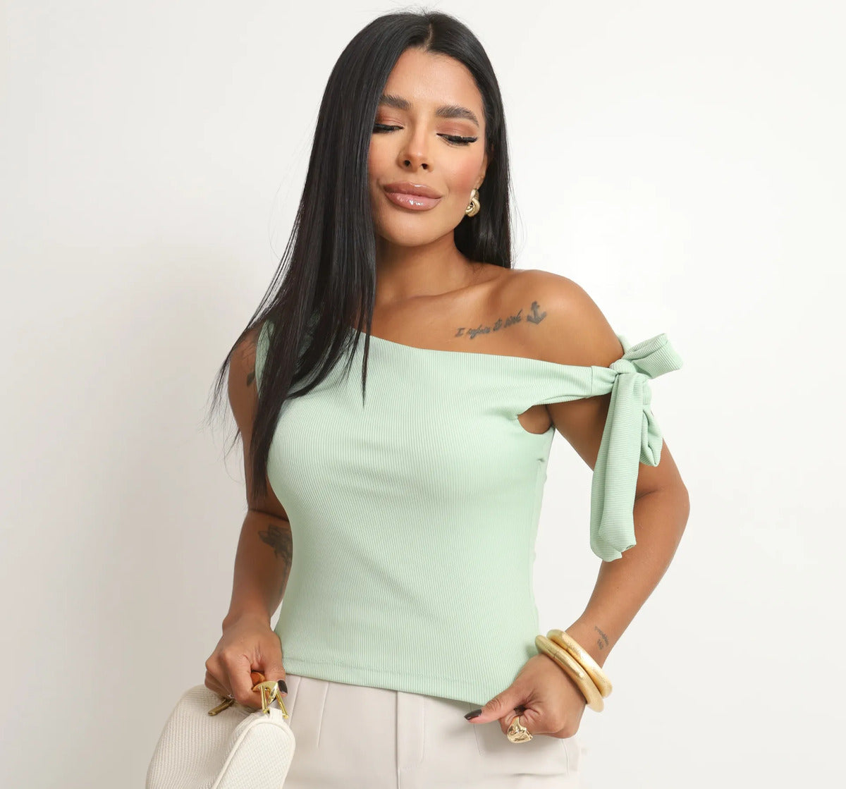 Cropped Feminino Blusa Moderno Manga Laço Amarração