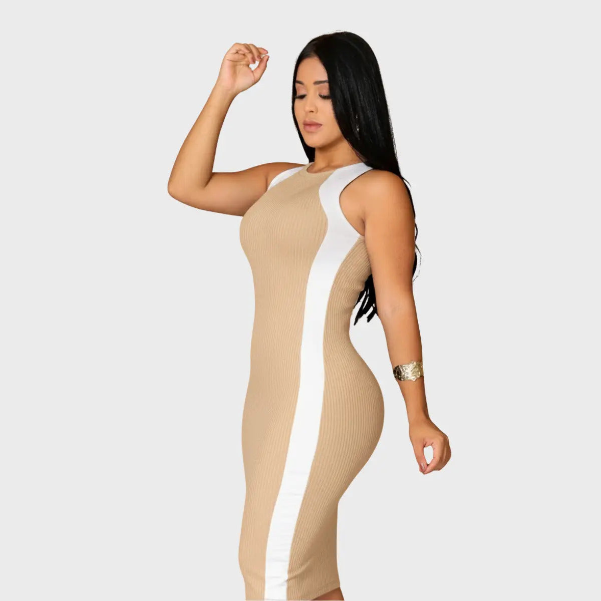 Vestido Canelado Midi Faixas Regata Casual Básico Modelador