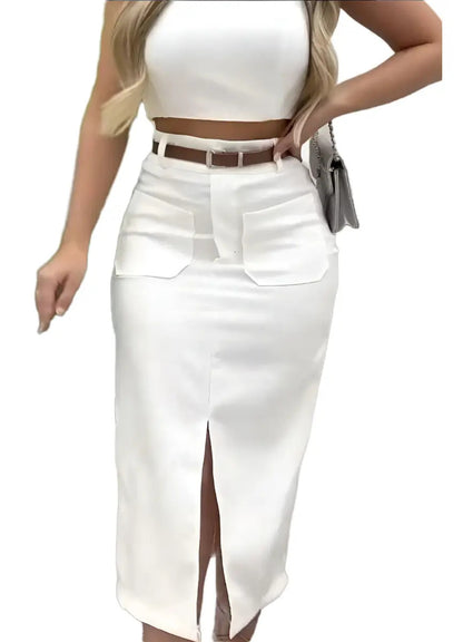 Saia Midi Feminina Com Cinto E Fenda Casual 2025