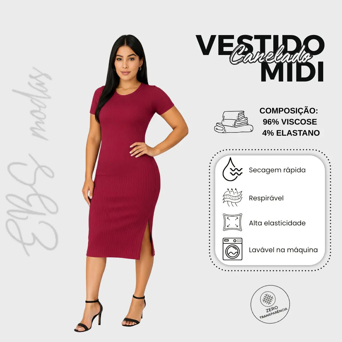 Vestido Canelado Midi Com Manga e Fenda Lateral Casual Básico
