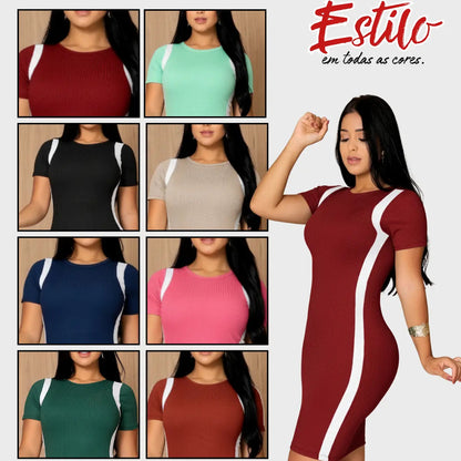 Vestido Canelado Curto Com Manga Casual Básico Modelador