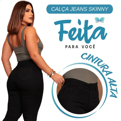Calça Preta Jeans Feminina Com Elastano Cintura Alta Skinny