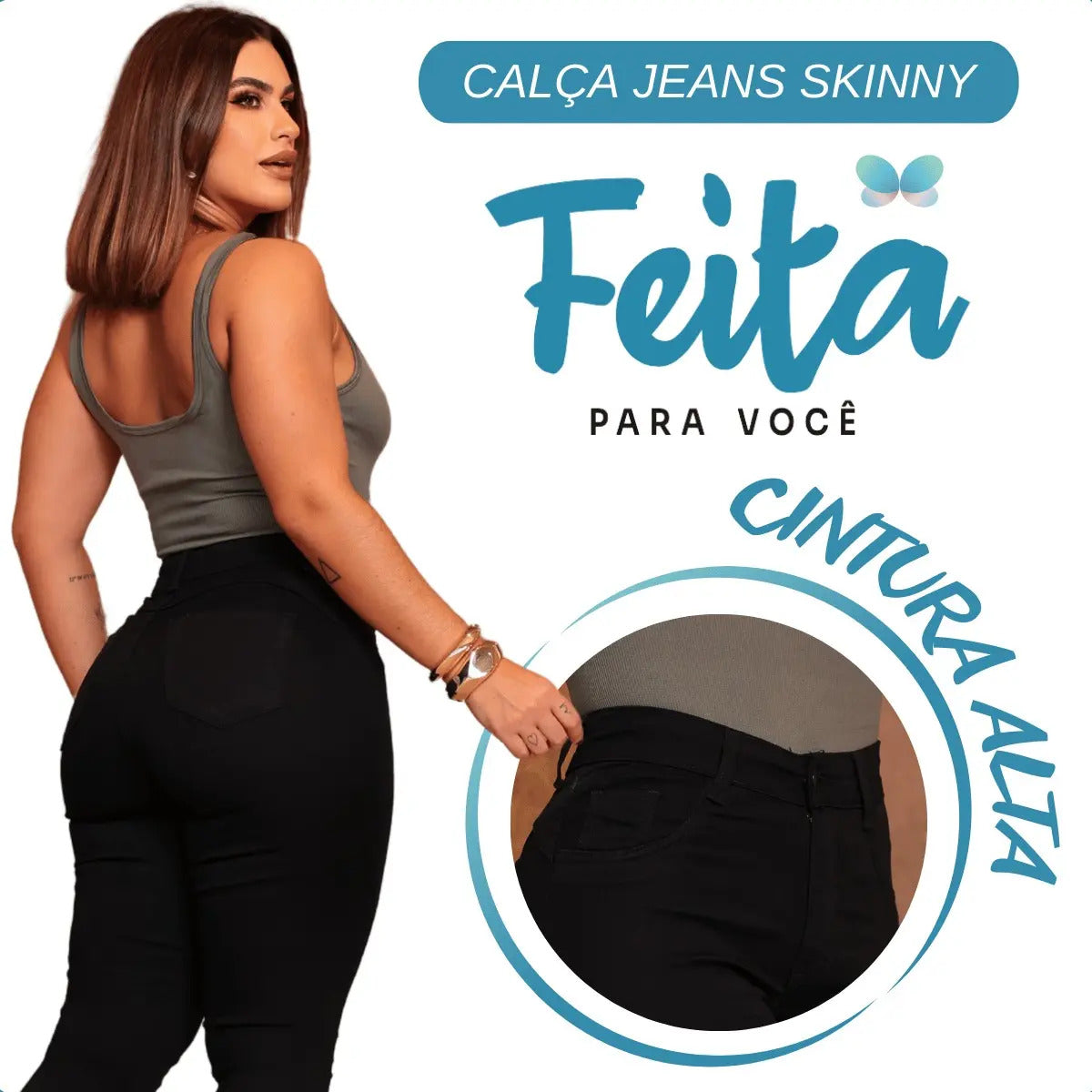 Calça Preta Jeans Feminina Com Elastano Cintura Alta Skinny