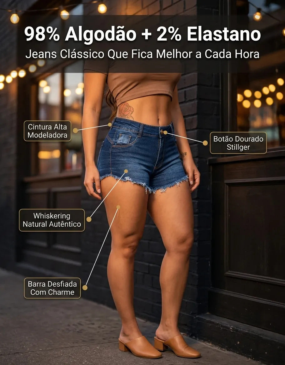 Short Jeans Feminino Cintura Alta Com Lycra Barra Desfiada