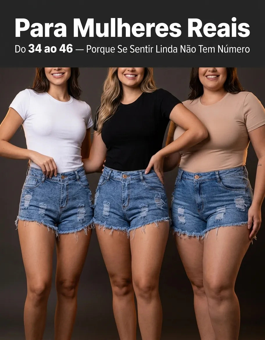 Short Jeans Feminino Cintura Alta Com Lycra Barra Desfiada