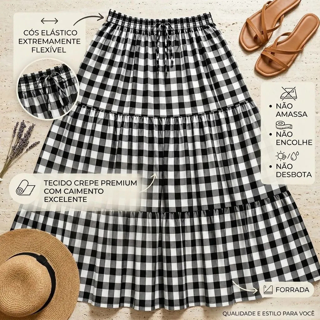 Saia Longa Com Babado Estica Bastante Veste 44 - 52 Elegante