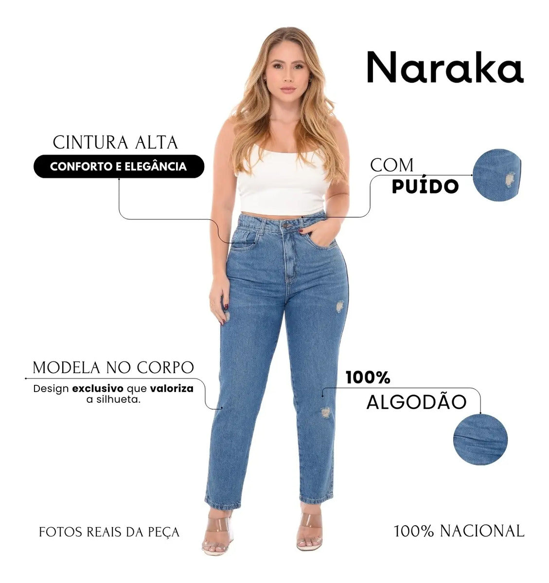 Calça Mom Jeans Feminina Cintura Alta Marmorizada