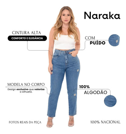 Calça Mom Jeans Feminina Cintura Alta Marmorizada