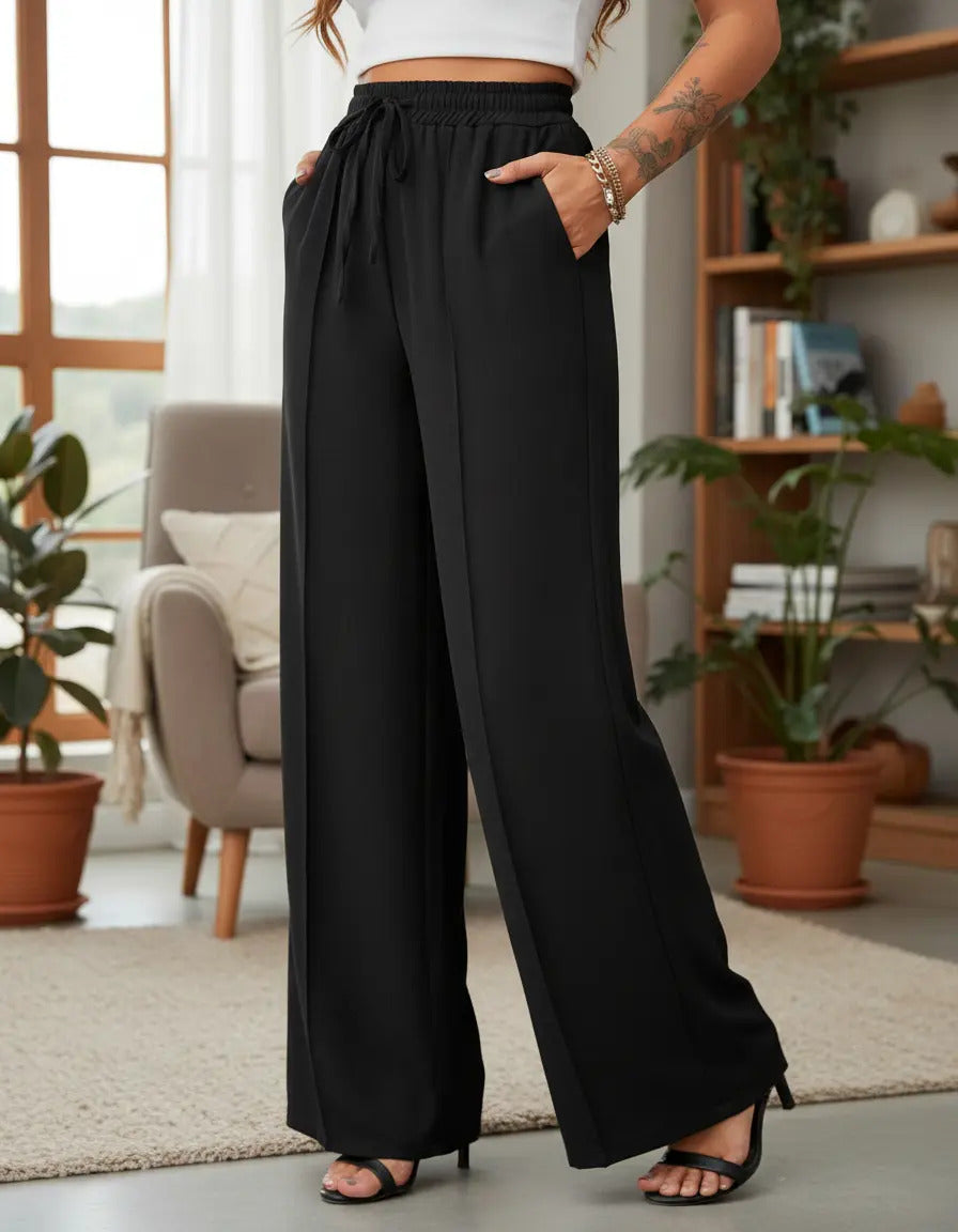 Calça Pantalona Duna Wide Leg Feminina Com Elástico E Bolso