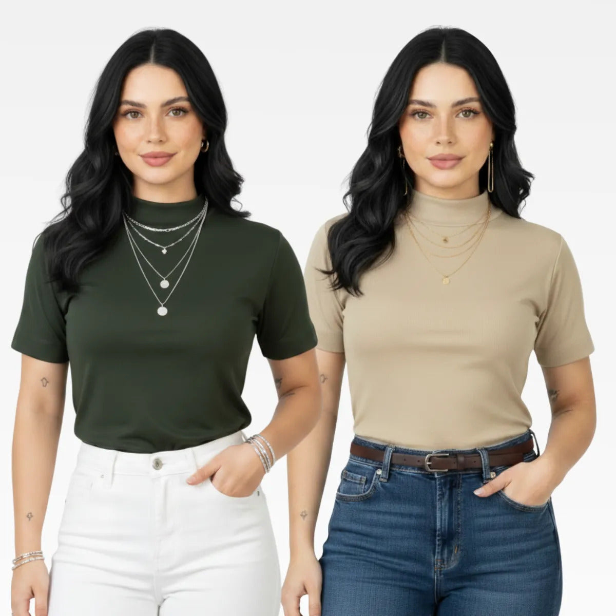 Kit 2 Blusas Camiseta Feminina T Shirt Gola Alta Inverno