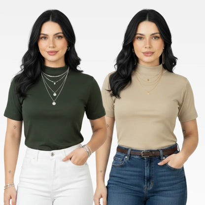 Kit 2 Blusas Camiseta Feminina T Shirt Gola Alta Inverno