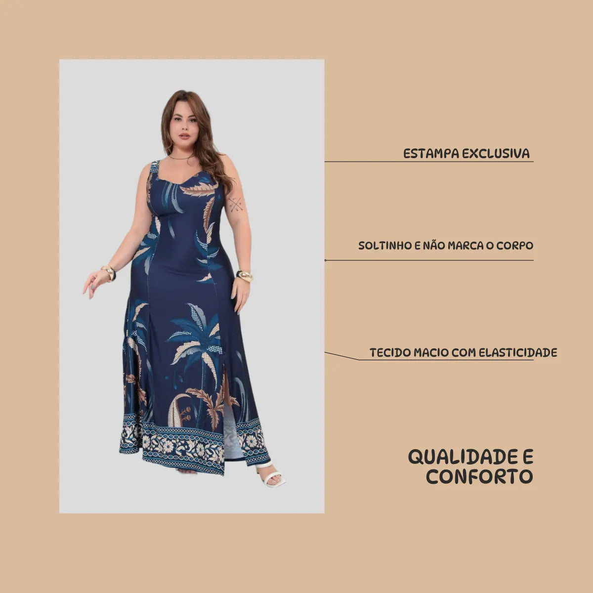 Vestido Longo Alça Plus Size Florido Estampado Soltinho