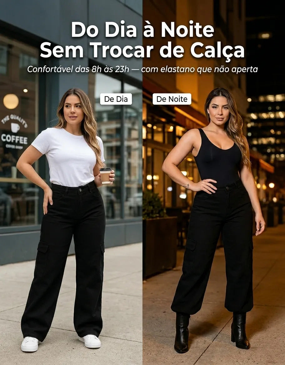 Calça Cargo Feminina Wide Leg Cintura Alta Jeans  Stillger