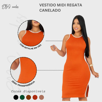 Vestido Midi Canelado Premium Regata Casual Básico Modelador