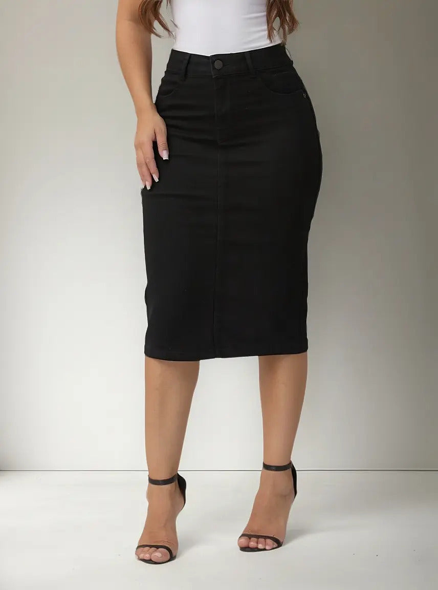 Saia Jeans Feminina Evangelica Cintura Alta Midi