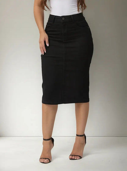 Saia Jeans Feminina Evangelica Cintura Alta Midi