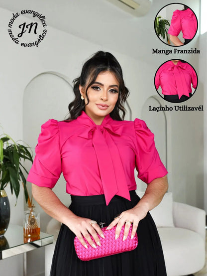 Blusa Feminina Gizele Gola Laço Crepre Seda Manga Franzida