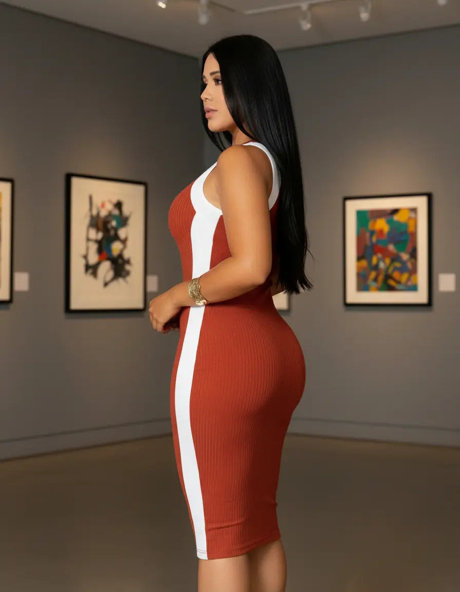 Vestido Canelado Midi Faixas Regata Casual Básico Modelador