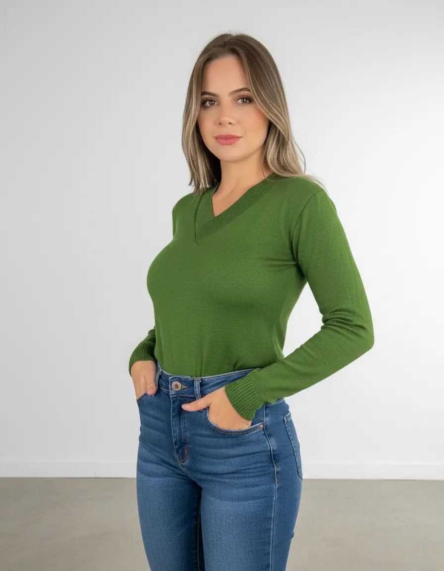 Blusa Trico Basica De Frio Feminina Decote V Manga Longa