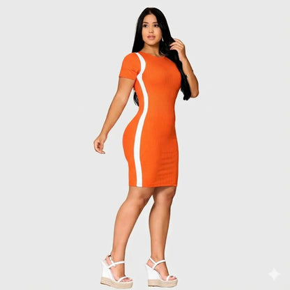 Vestido Canelado Curto Com Manga Casual Básico Modelador