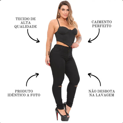 Calça Preta Jeans Feminina Com Elastano Cintura Alta Skinny