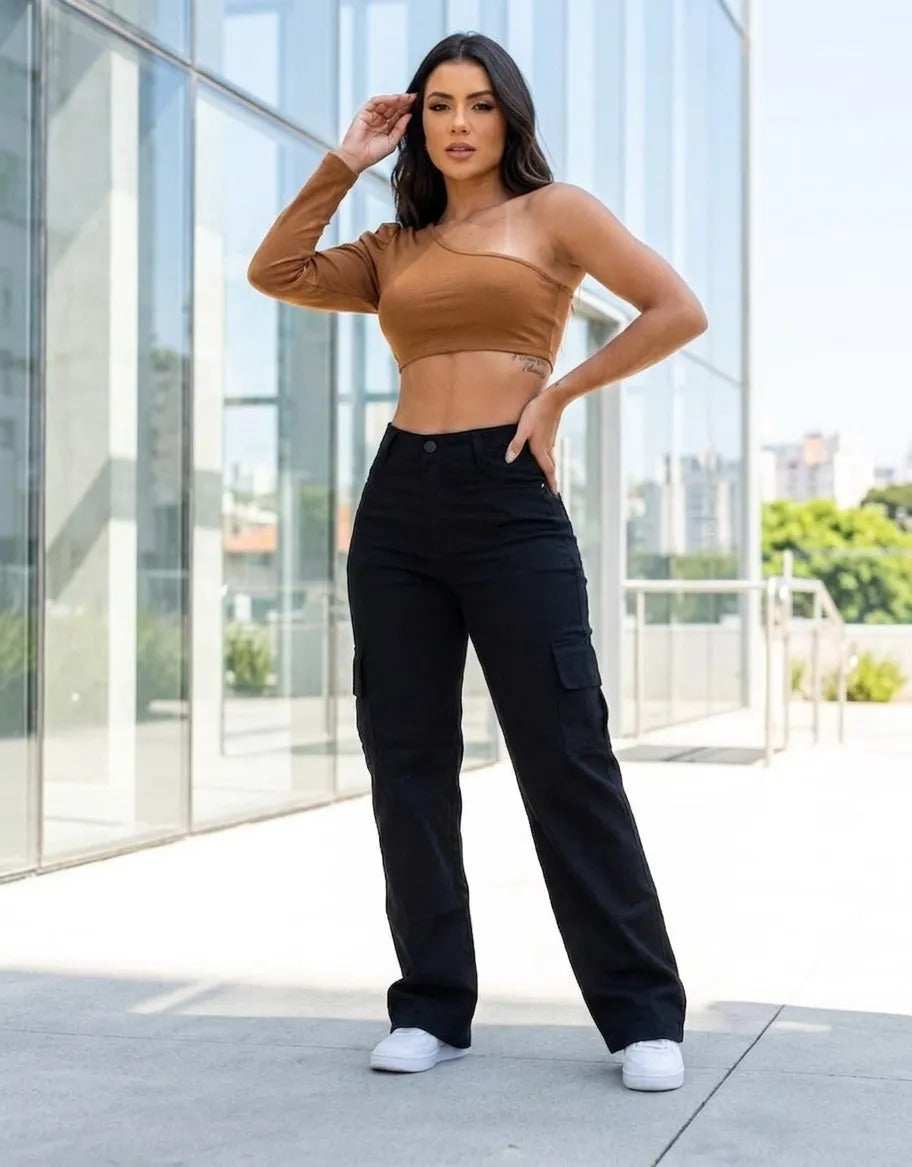 Calça Cargo Feminina Wide Leg Cintura Alta Jeans  Stillger