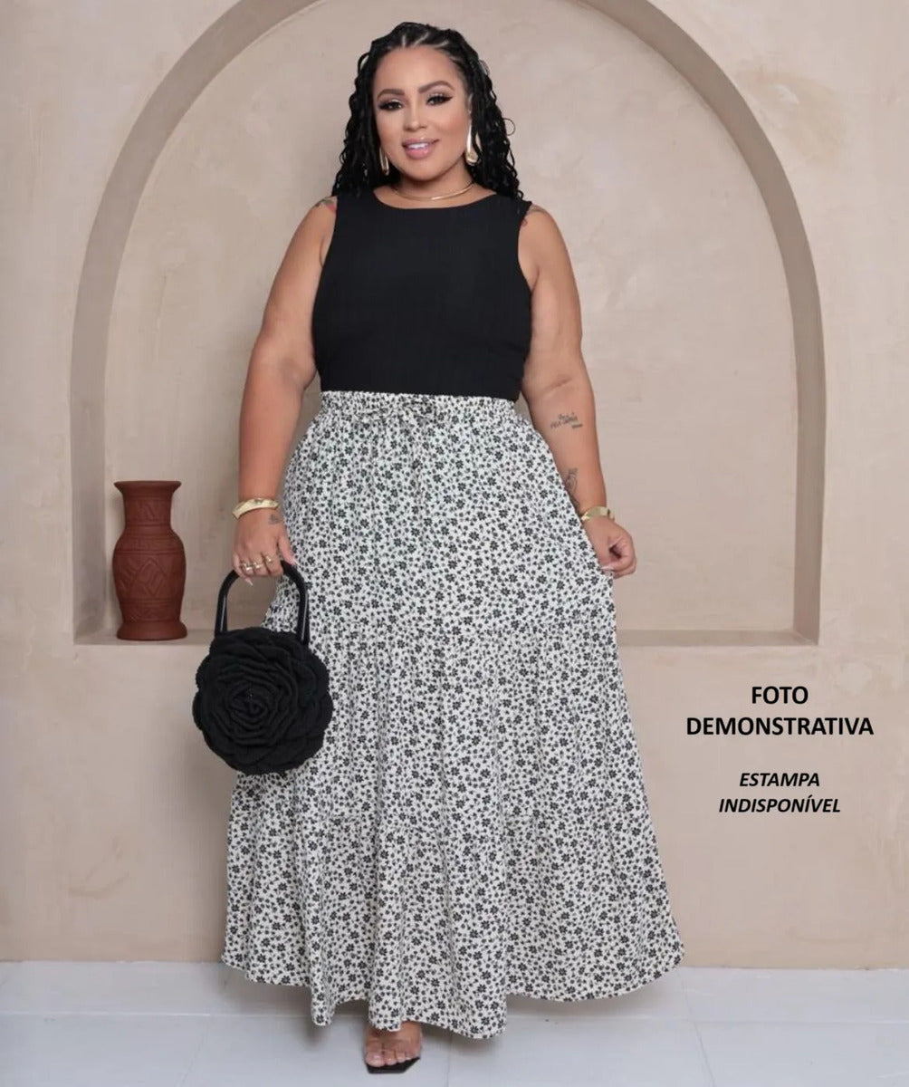 Saia Longa Com Babado Estica Bastante Veste 44 - 52 Elegante