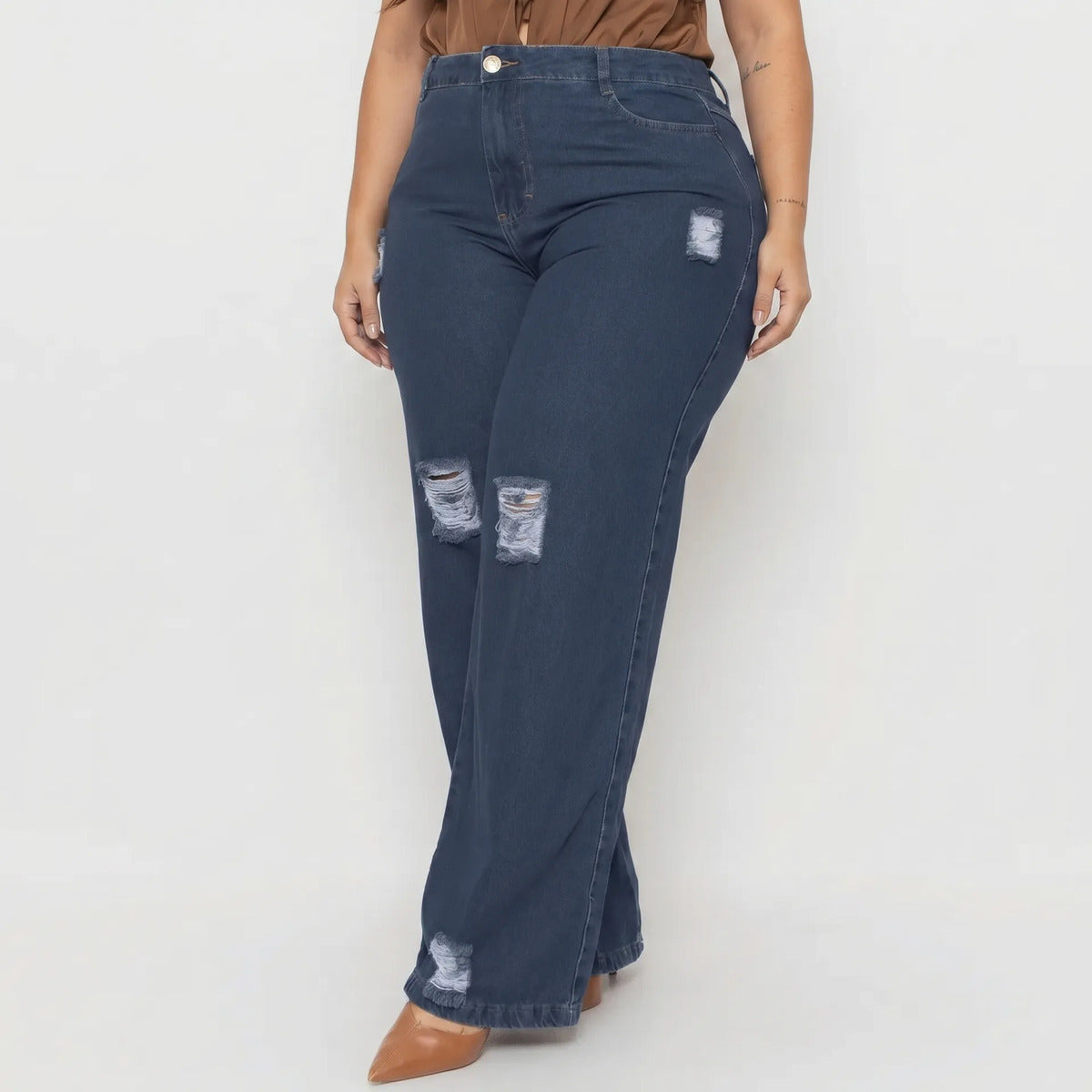 Calça Plus Size Jeans Feminina Wide Leg Levanta Bumbum