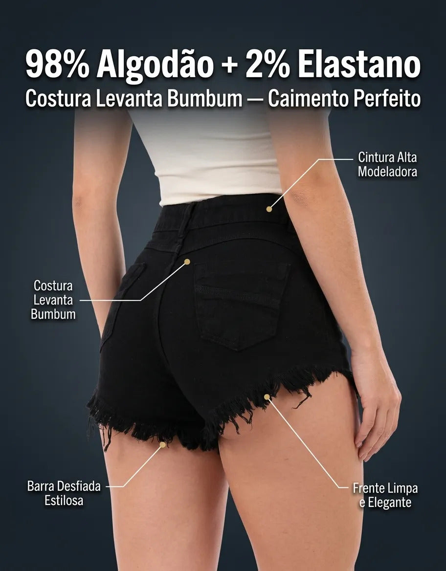 Short Jeans Feminino Cintura Alta Com Lycra Barra Desfiada