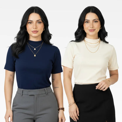 Kit 2 Blusas Camiseta Feminina T Shirt Gola Alta Inverno