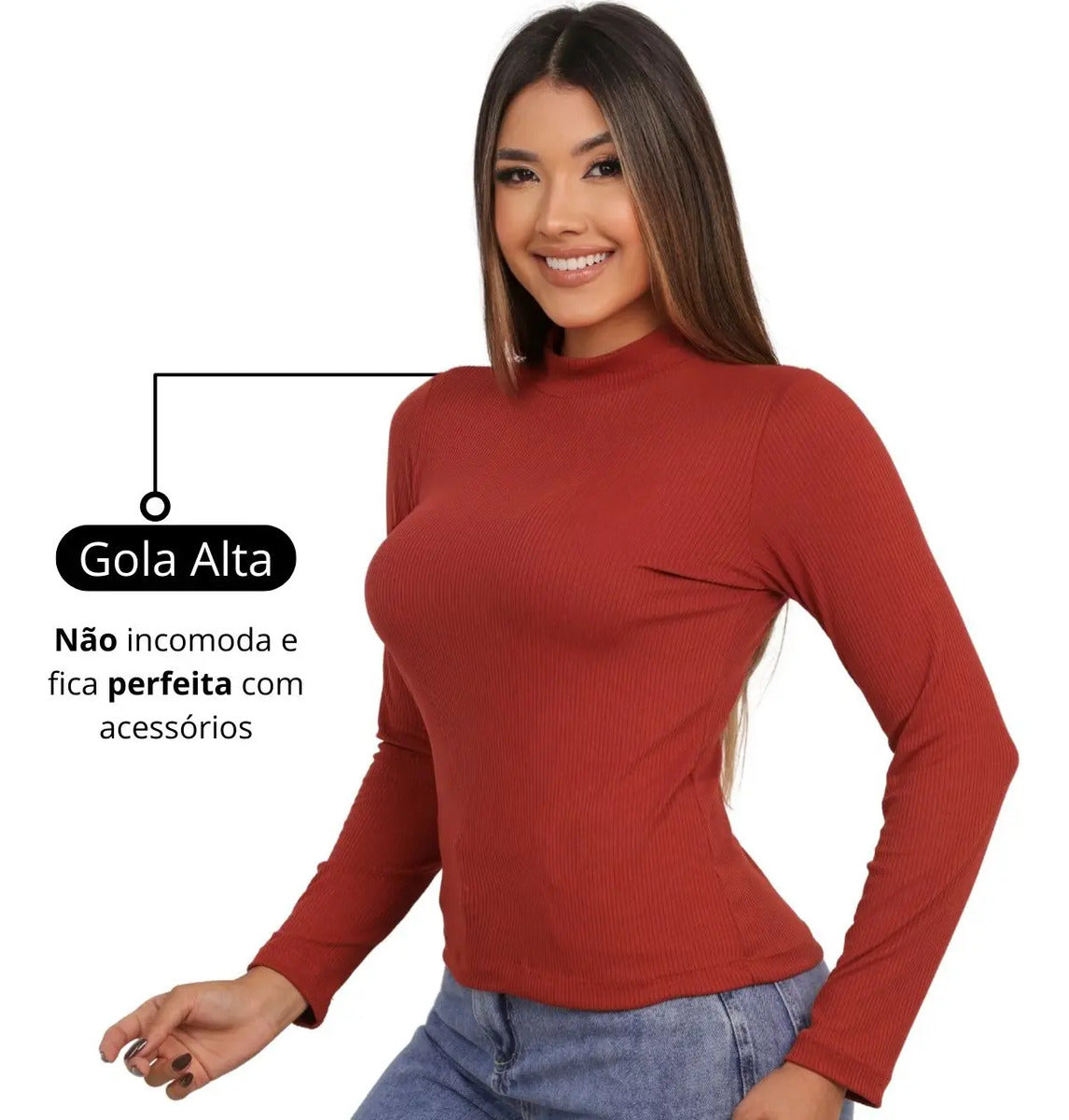 Blusa Feminina Canelada Gola Alta Manga Comprida Cacharrel