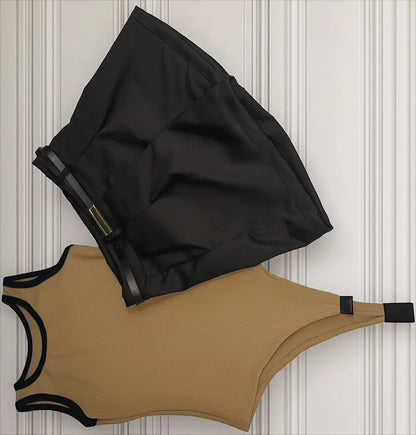 Kit Short Alfaiataria Body Canelado Feminino Liso
