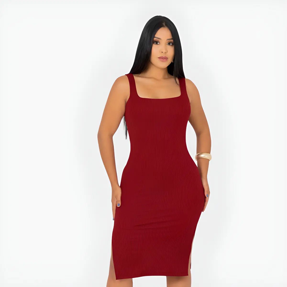 Vestido Midi Canelado Premium Com Alça E Fendas Casual Básico