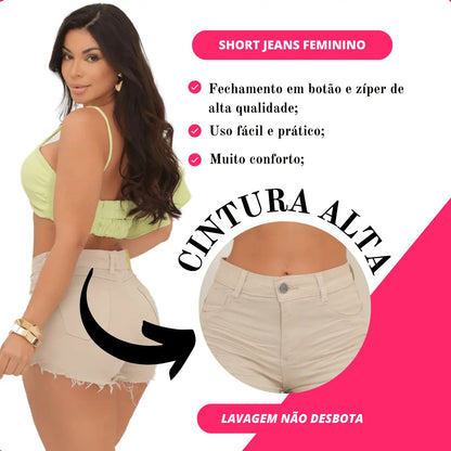 Short Jeans Feminino Cintura Alta Com Lycra Barra Desfiada