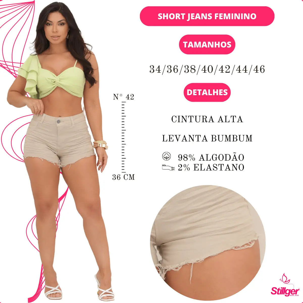 Short Jeans Feminino Cintura Alta Com Lycra Barra Desfiada