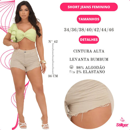 Short Jeans Feminino Cintura Alta Com Lycra Barra Desfiada