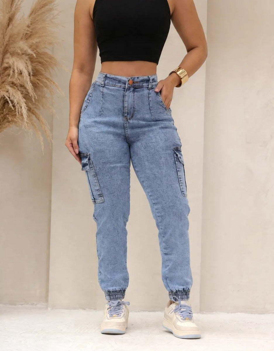 Calça Cargo Jogger Jeans Feminina Cintura Alta Com Lycra