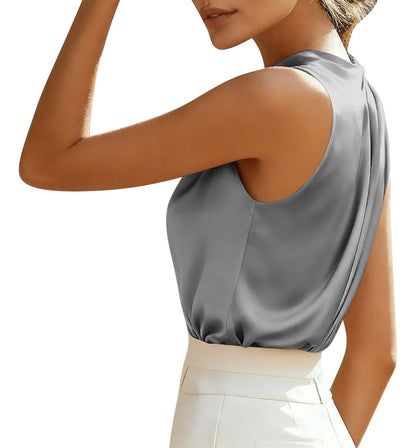 Camisa Feminina, Cor Sólida, Seda E Cetim, Blusa Longa