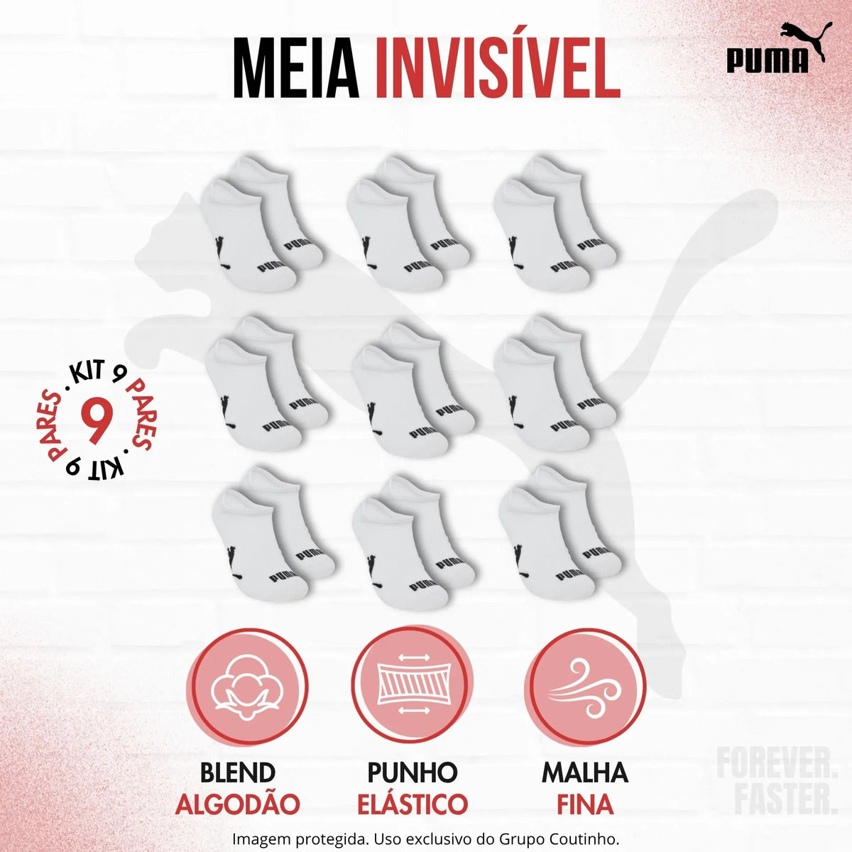 Kit 9 Pares Meias Invisível Puma Sapatilha Soquete Original